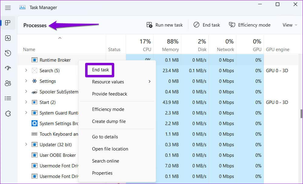 End-Runtime-Broker-Process-in-Windows أفضل 7 طرق لإصلاح عدم عمل تطبيق الآلة الحاسبة في Windows 11