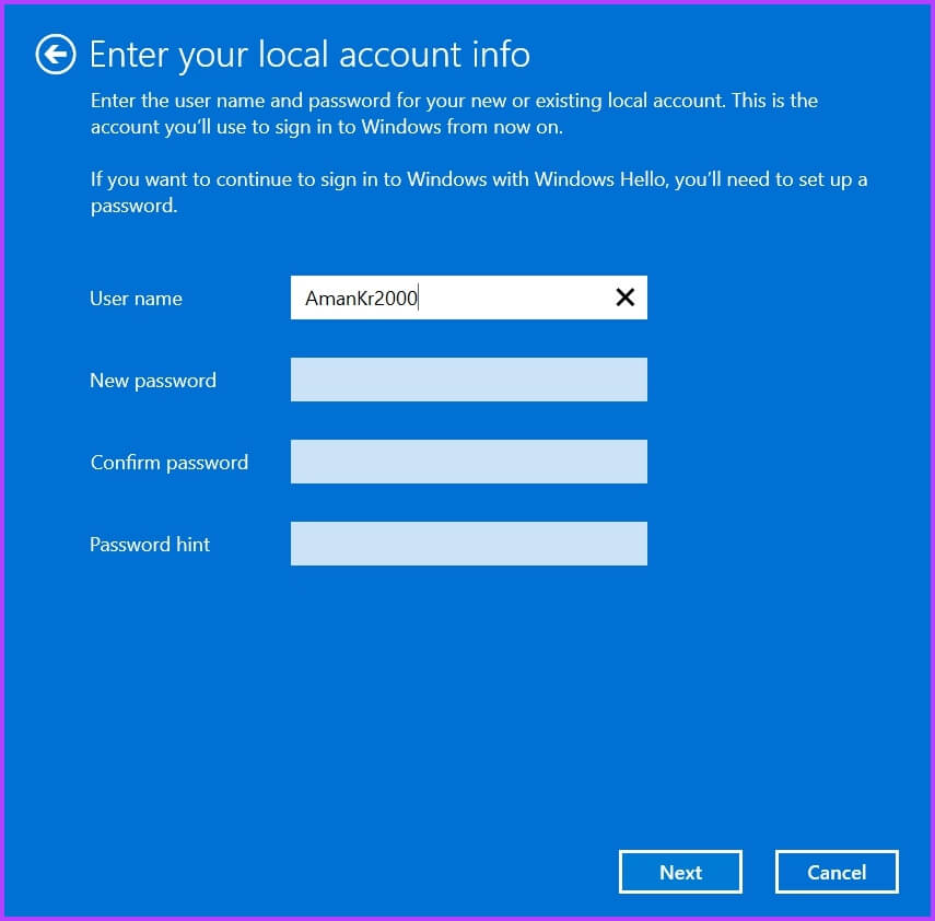 Entering-Account-info كيفية إزالة PIN عند تسجيل الدخول في Windows 11