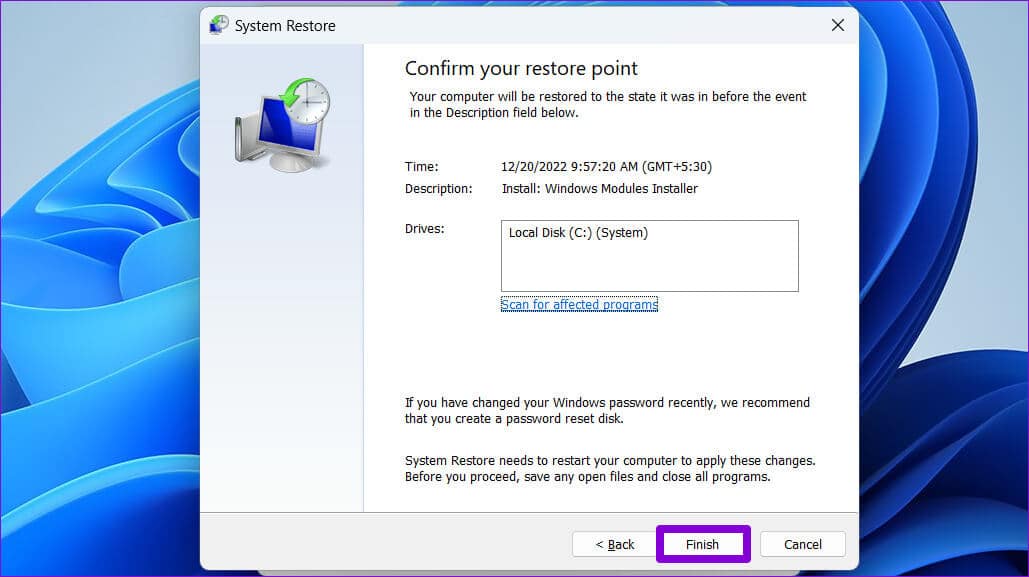 Finish-System-Restore أفضل 6 طرق لإصلاح عدم تثبيت الميزات الاختيارية في Windows 11