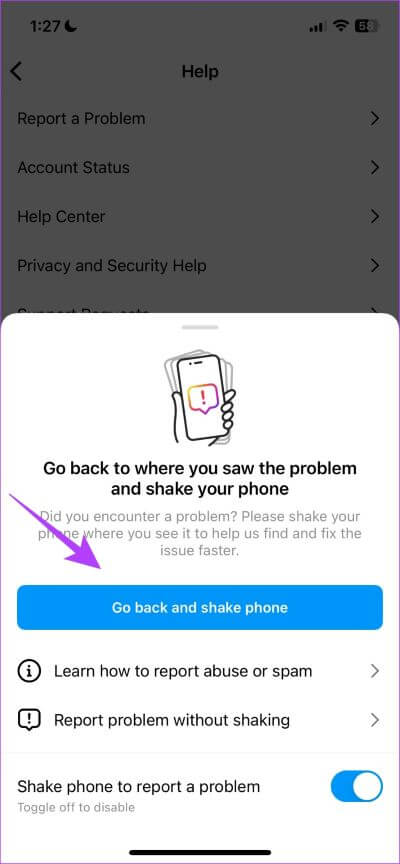 Go-back-and-shake-phone 13 طريقة لإصلاح عدم تحميل قصة Instagram على iPhone و Android