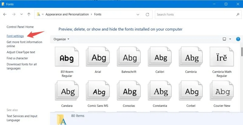 Install-Manage-Fonts-Control-Panel-Select-Font-Settings-800x412.jpeg كيفية تثبيت وإدارة الخطوط في Windows