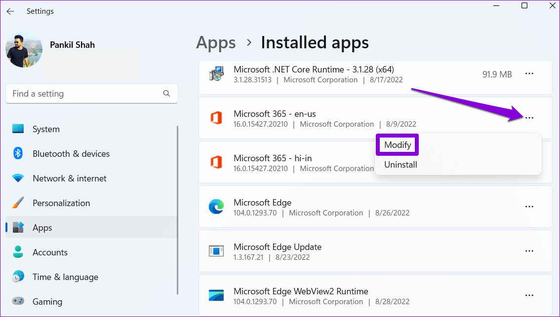 Modify-Microsoft-Office-on-Windows-11-5 أفضل 6 إصلاحات لمشكل واجه برنامج Microsoft Word خطأ أثناء محاولة فتح الملف في Windows
