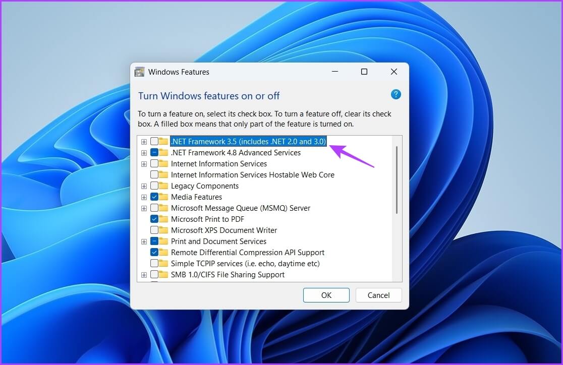 NET-Framework-3.5-includes-2.0-and-3.0-option أفضل 7 إصلاحات لخطأ 0x800f081f عند تحديث Windows في Windows 11
