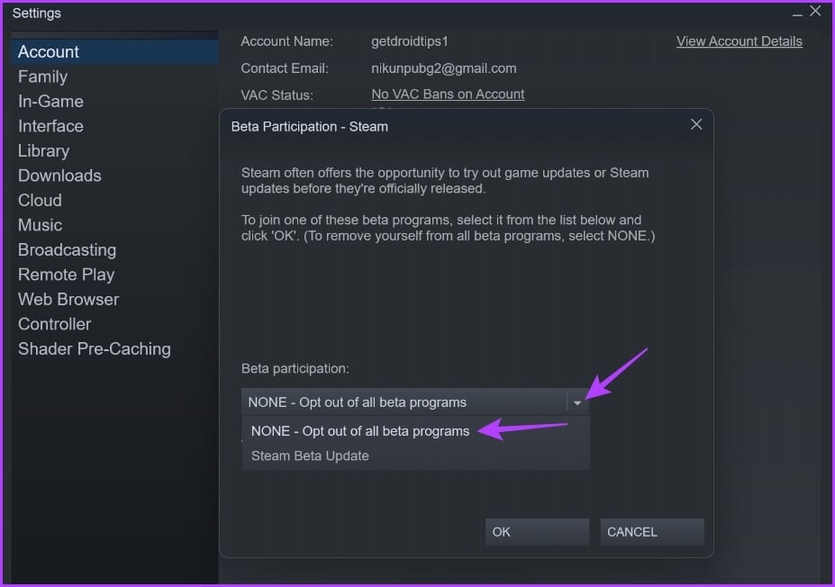 NONE-Opt-out-of-all-beta-programs-option كيفية إصلاح خطأ يجب تشغيل Steam للعب هذه اللعبة على Windows 11