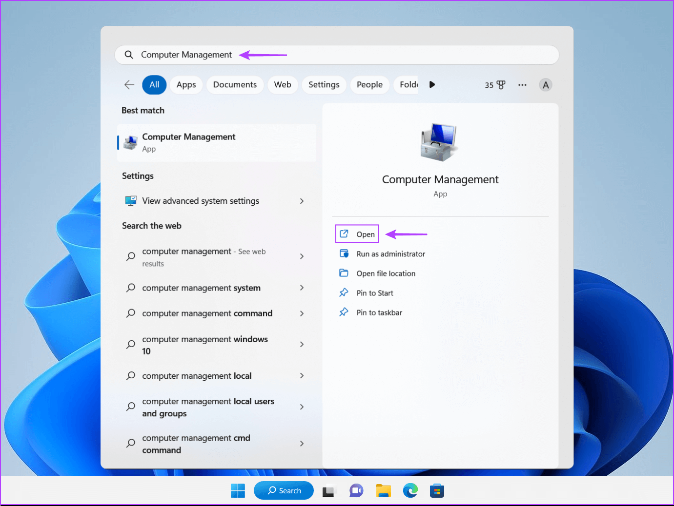 Open-Computer-Management-via-Windows-Search 8 طرق سريعة لفتح إدارة الكمبيوتر على Windows 11