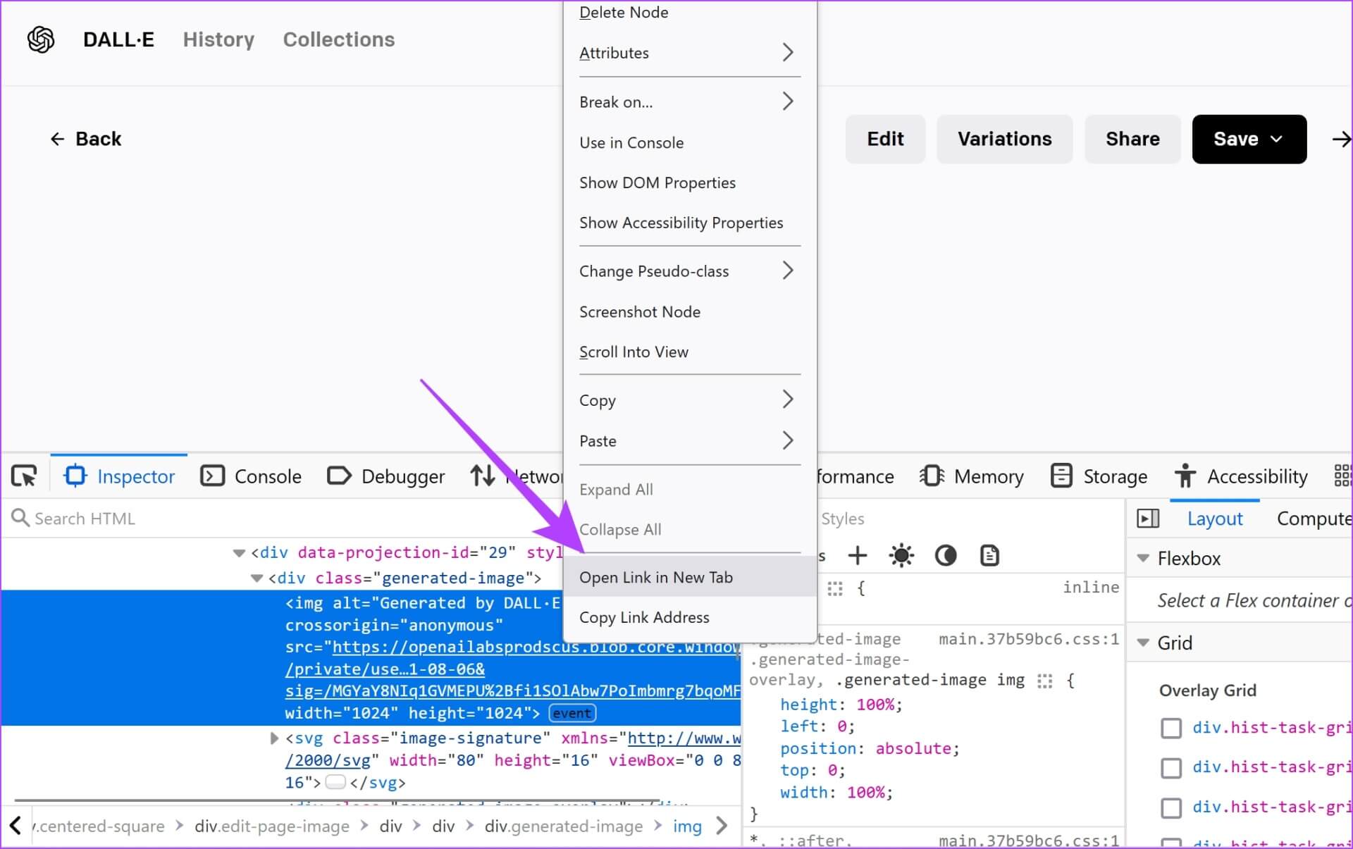 Open-Link-in-New-Tab كيفية حفظ صور Dall-E 2 بدون علامة مائية