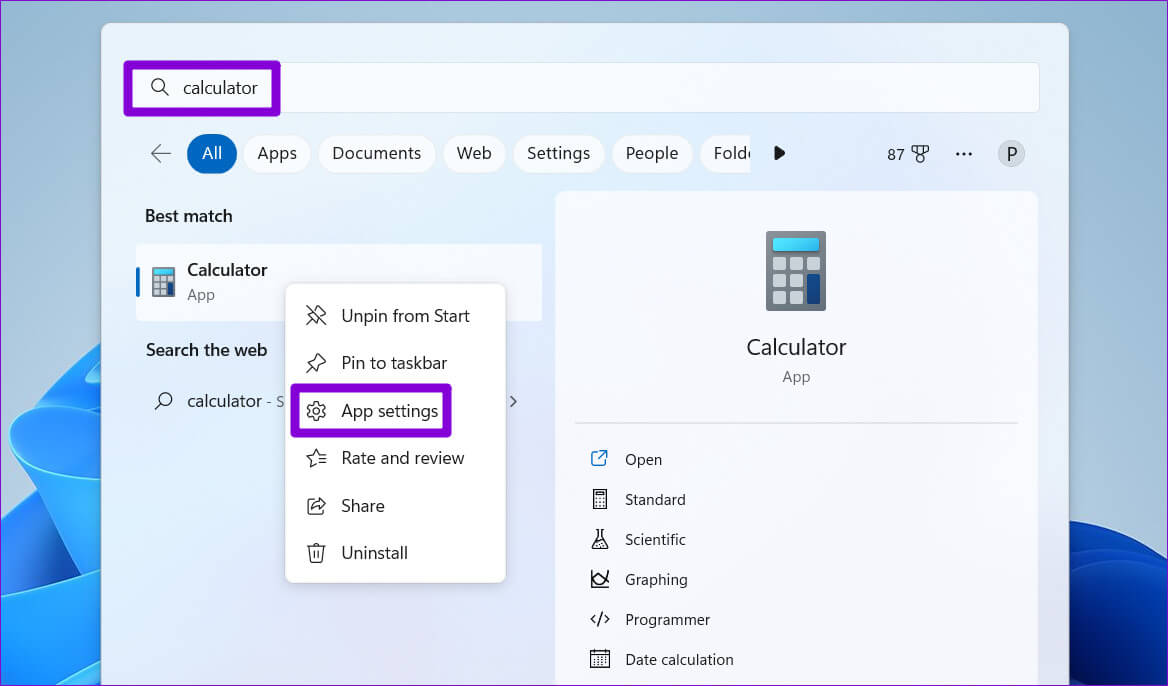 Open-Windows-Calculator-App-Settings أفضل 7 طرق لإصلاح عدم عمل تطبيق الآلة الحاسبة في Windows 11