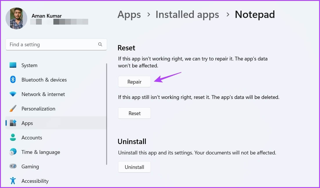 Repair-option-1 كيفية إصلاح عدم فتح Notepad على Windows 11