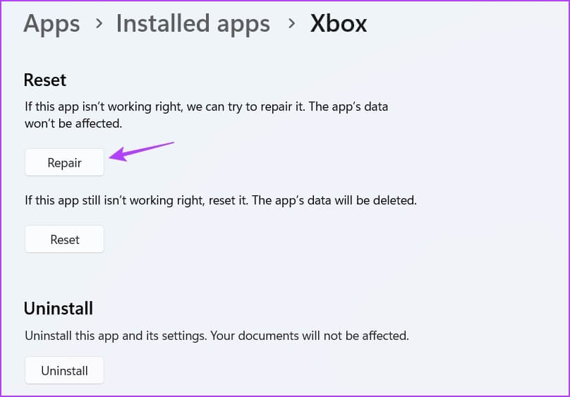 Repair-option كيفية زيادة سرعة التنزيل في تطبيق Xbox لنظام التشغيل Windows 11