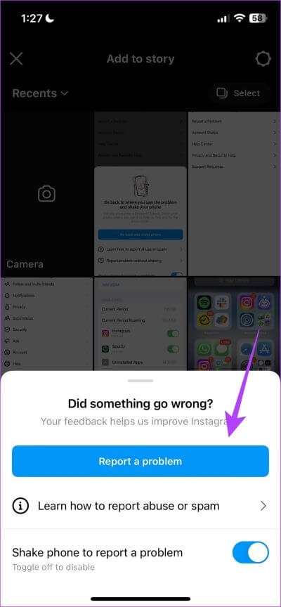 Report-a-Problem-after-Shake 13 طريقة لإصلاح عدم تحميل قصة Instagram على iPhone و Android