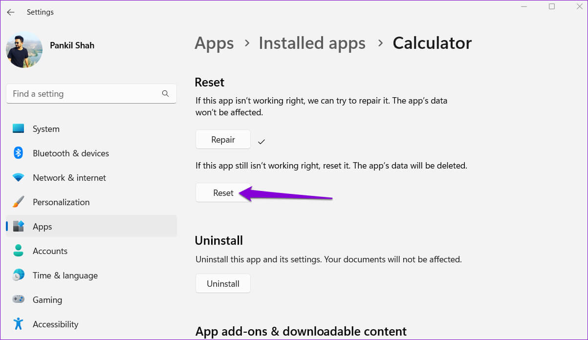 Reset-Windows-Calculator-App-1 أفضل 7 طرق لإصلاح عدم عمل تطبيق الآلة الحاسبة في Windows 11
