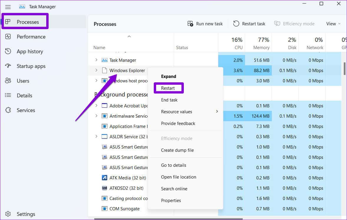 Restart-Windows-Explorer-7 أفضل 6 طرق لإصلاح عدم ظهور علامات تبويب مستكشف الملفات في Windows 11