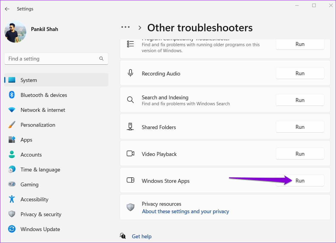 Run-Windows-Store-Apps-Troubleshooter-5 أفضل 7 طرق لإصلاح عدم عمل تطبيق الآلة الحاسبة في Windows 11