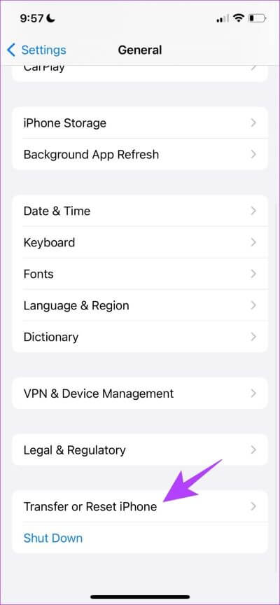 Select-Transfer-or-Reset-iPhone-2 8 طرق لإصلاح عدم ظهور المرفقات في Mail على iPhone