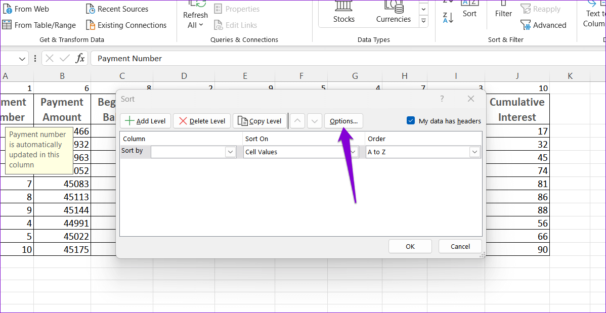 Sort-Options-in-Excel 3 طرق سهلة لتحريك الصفوف والأعمدة في Microsoft Excel