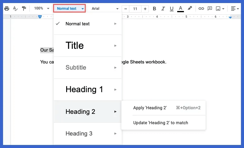 Styles-Drop-Down-Headings-Google-Docs.jpg كيفية استخدام الارتباطات التشعبية في محرر مستندات Google