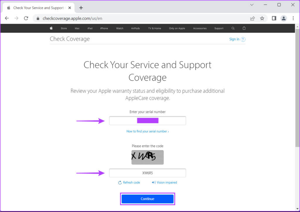 Type-the-Serial-Number-and-Click-Continue-1024x725-1 أفضل 4 طرق للتحقق من ضمان جهاز iPhone الخاص بك