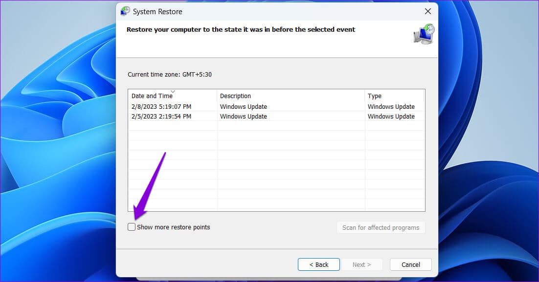 View-Restore-Points-in-Windows-11 أفضل 6 طرق لإصلاح عدم عمل استعادة النظام على Windows 11