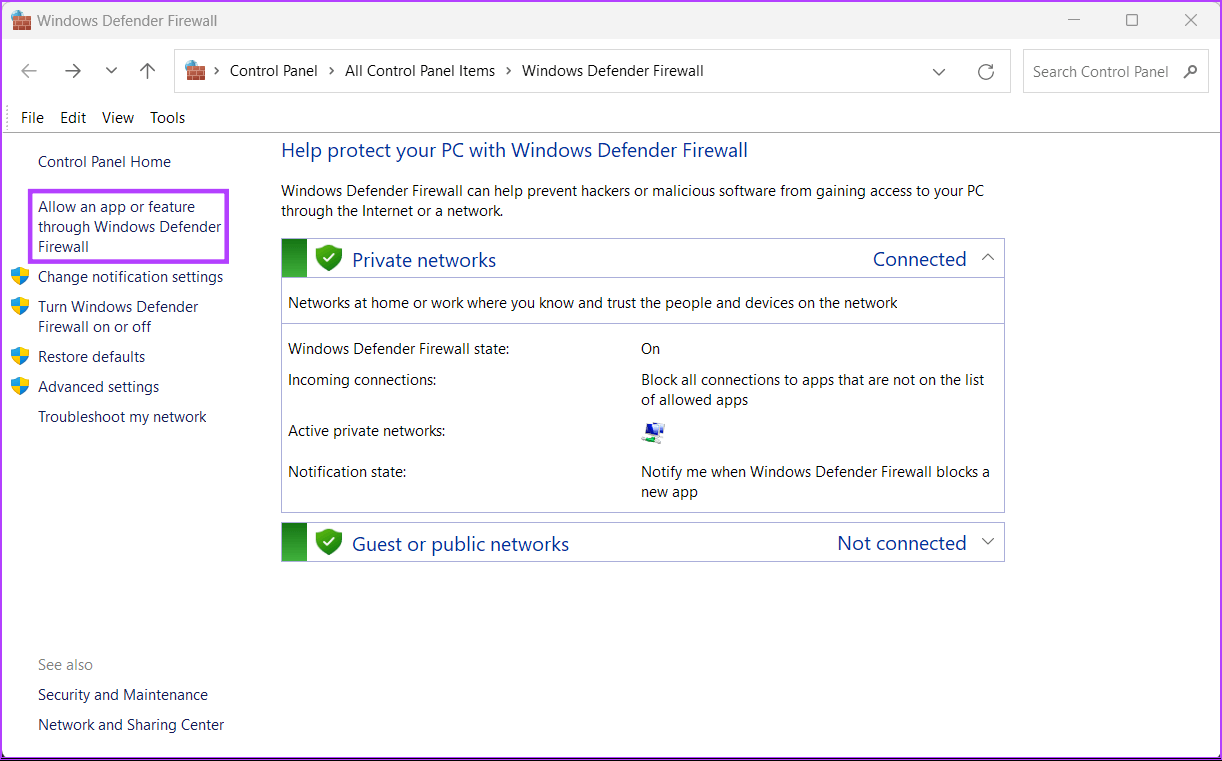 Windows-Defender-Firewall-2 أفضل 7 طرق لإصلاح عدم عمل البث عبر Steam على Windows 11