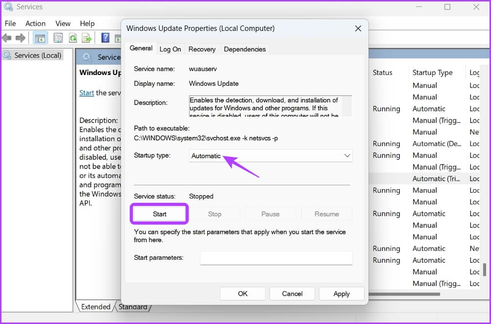 Windows-Update-service-properties-window أفضل 7 إصلاحات لخطأ 0x800f081f عند تحديث Windows في Windows 11