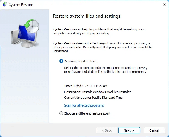 Windows-error-0xc000000f-restore-point.png كيفية إصلاح رمز الخطأ Windows 0xc000000f