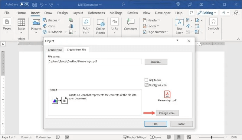 Word-Change-Icon-800x464.jpg كيفية إدراج ملف PDF في مستند Word