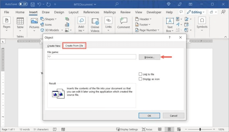 Word-Create-From-File-Browse-800x464.jpg كيفية إدراج ملف PDF في مستند Word