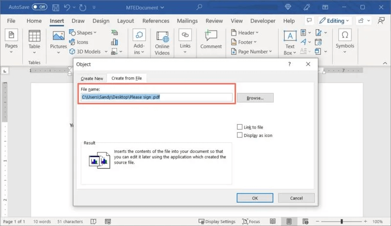 Word-Create-From-File-File-Name-800x464.jpg كيفية إدراج ملف PDF في مستند Word