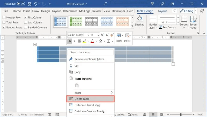 Word-Delete-Table-800x454.jpg كيفية إنشاء الجداول وتخصيصها في Microsoft Word