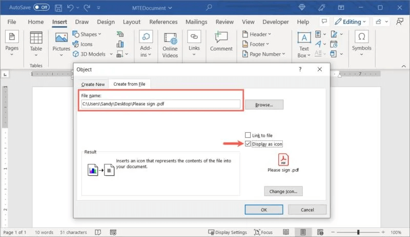 Word-Display-As-Icon-800x464.jpg كيفية إدراج ملف PDF في مستند Word