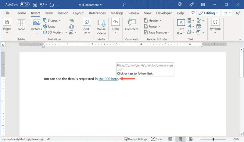 Word-Hyperlink-Text-PDF-800x464.jpg كيفية إدراج ملف PDF في مستند Word