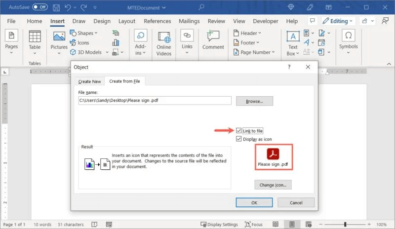 Word-Icon-Link-To-File-800x464.jpg كيفية إدراج ملف PDF في مستند Word