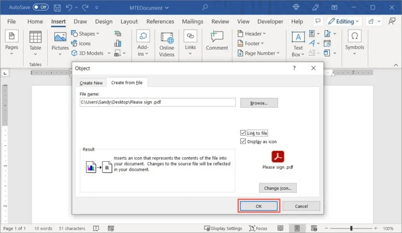 Word-Icon-Link-To-File-Ok-800x464.jpg كيفية إدراج ملف PDF في مستند Word