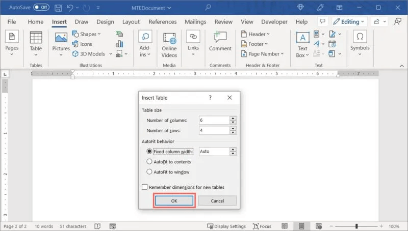 Word-Insert-Table-Feature-Ok-800x454.jpg كيفية إنشاء الجداول وتخصيصها في Microsoft Word