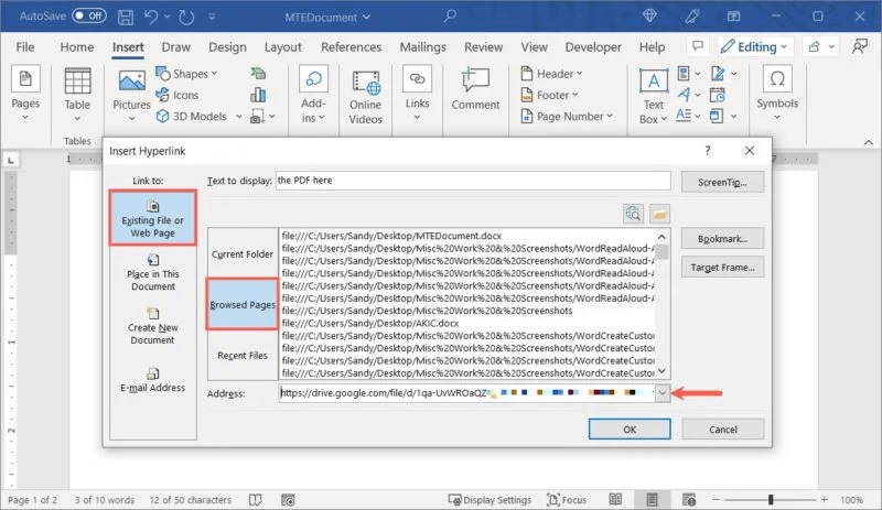 Word-Link-Browsed-Pages-Address-800x463.jpg كيفية إدراج ملف PDF في مستند Word