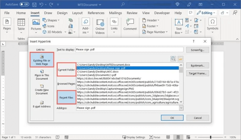 Word-Link-Existing-Current-Recent-800x464.jpg كيفية إدراج ملف PDF في مستند Word