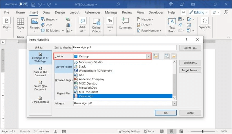 Word-Link-Look-In-800x464.jpg كيفية إدراج ملف PDF في مستند Word