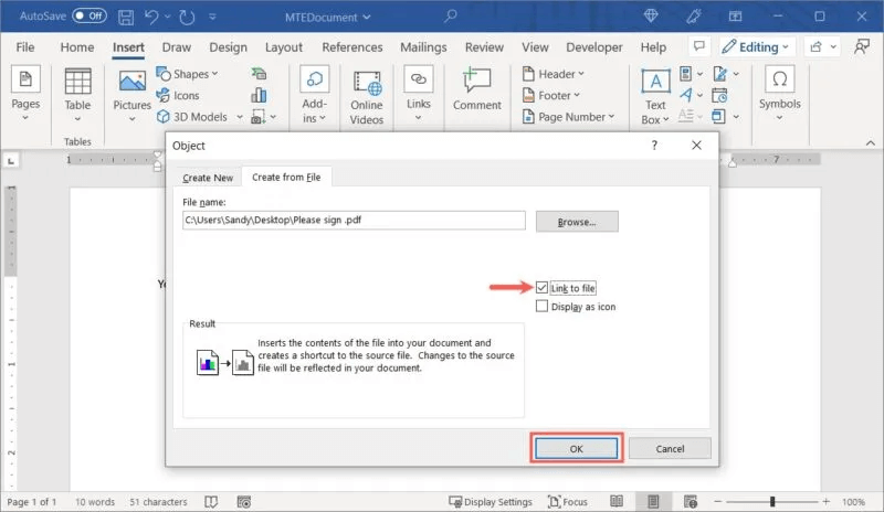 Word-Link-To-File-800x464.jpg كيفية إدراج ملف PDF في مستند Word