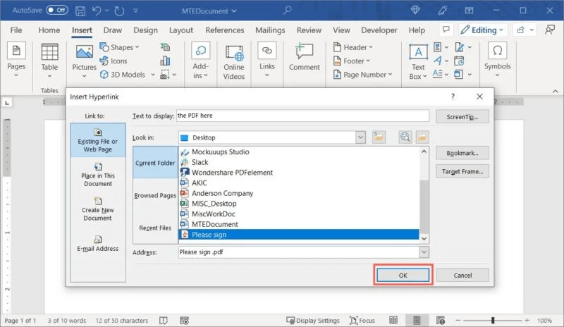 Word-Link-To-File-Ok-800x464.jpg كيفية إدراج ملف PDF في مستند Word