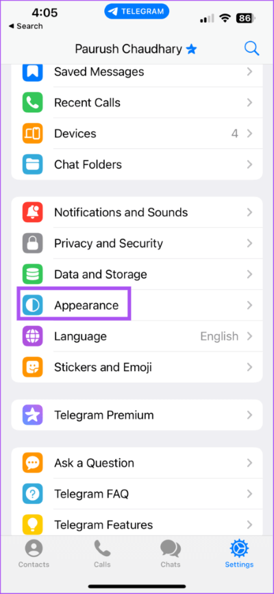 appearance-settings-telegram-iphone-473x1024-1 أفضل 5 إصلاحات لعدم عمل الوضع الداكن في Telegram على iPhone