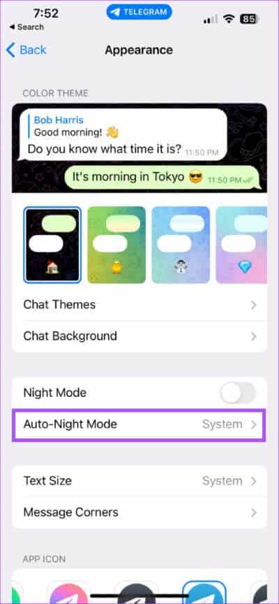 auto-night-mode-telegram-settings-iphone-474x1024-1 أفضل 5 إصلاحات لعدم عمل الوضع الداكن في Telegram على iPhone