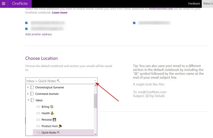 choose-the-location-for-your-emailed-notes.jpg 5 طرق لالتقاط l'informationفي OneNote