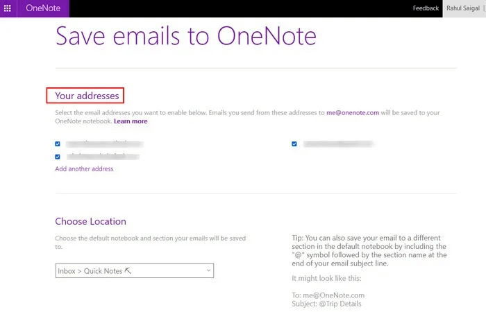choose-your-email-addesses-to-use-with-Email-to-OneNote-service.jpg 5 طرق لالتقاط l'informationفي OneNote