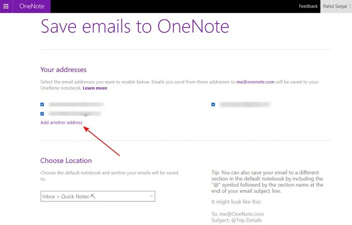 click-add-another-address-to-use-Email-to-OneNote-service.jpg 5 طرق لالتقاط l'informationفي OneNote