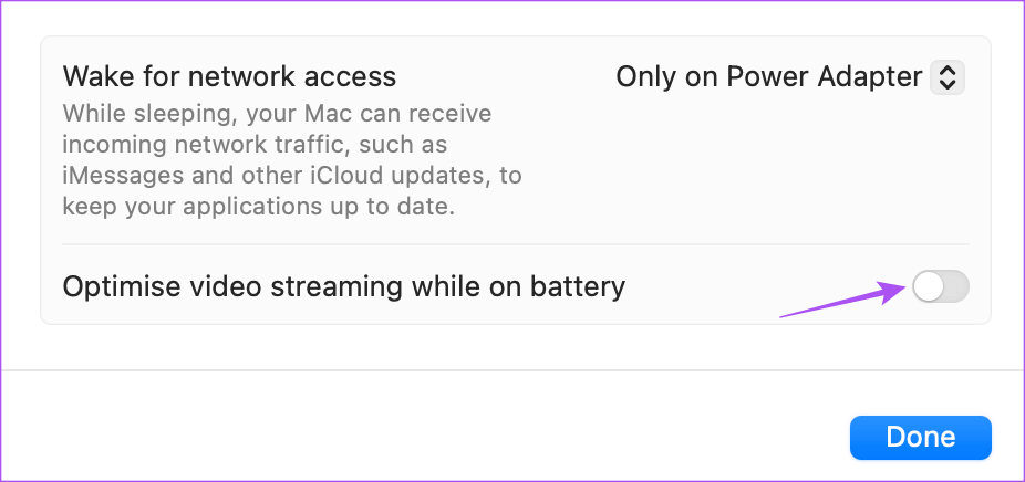 disable-optimize-video-playback-while-on-battery-mac-1 أفضل 8 إصلاحات للشاشة السوداء مع الصوت في Amazon Prime Video على Mac