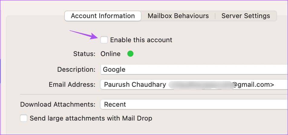 enable-this-account-gmail-apple-mail-settings-mac-1 أفضل 7 إصلاحات لعدم مزامنة Apple Mail مع Gmail على Mac