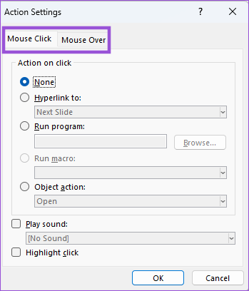 mouse-click-or-mouse-over-action-options-ppt-windows أفضل 4 طرق لإدراج ملف PDF في Microsoft PowerPoint على Windows 11