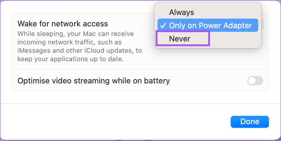 never-wake-for-internet-access-settings-mac أفضل 7 إصلاحات لعدم طلب نظام التشغيل Mac كلمة مرور بعد الاستيقاظ من النوم