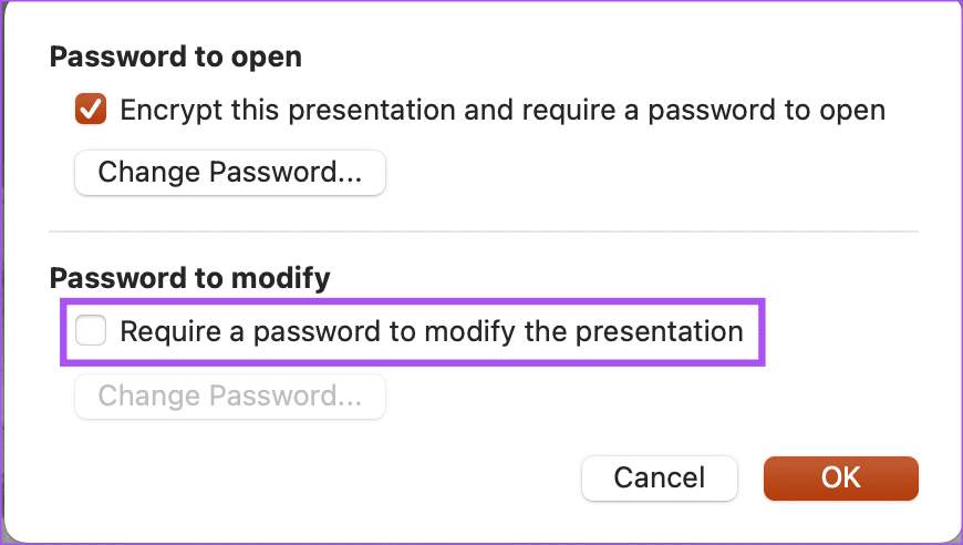 require-password-to-modify-ppt-mac كيفية إضافة كلمة مرور إلى عرض تقديمي من Microsoft PowerPoint على Windows و Mac