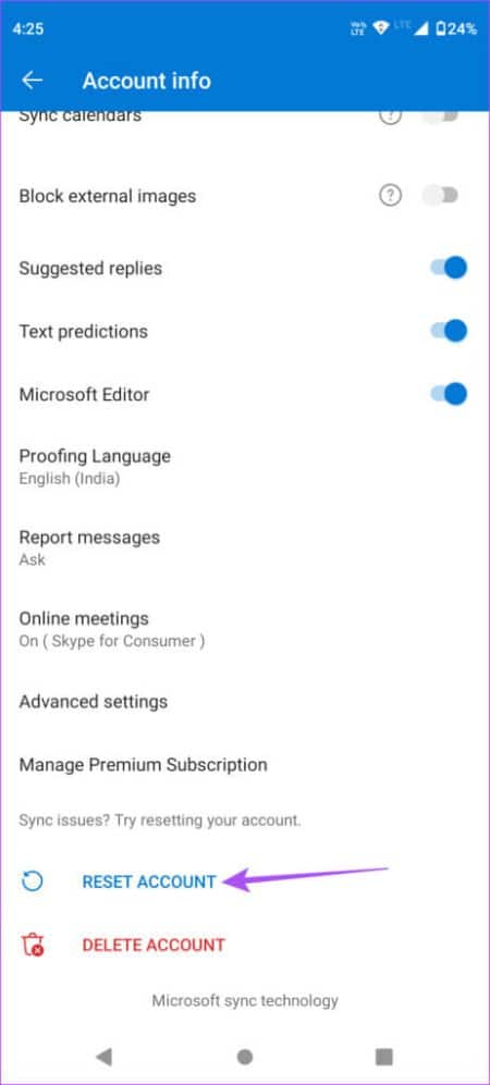 reset-account-outlook-app-android-462x1024-1-e1676757952982 أفضل 9 إصلاحات لعدم مزامنة تطبيق Outlook على Android